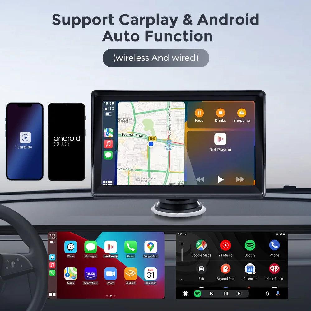 Rádio de Carro Portátil Multimédia com Tela Touch de 7 polegadas, CarPlay, Android Auto e Câmera de Visão Traseira